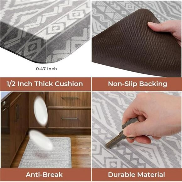 Boho Anti Fatigue Kitchen Mat Non Slip Cushioned Waterproof Floor Rug Gray - Picture 5 of 8